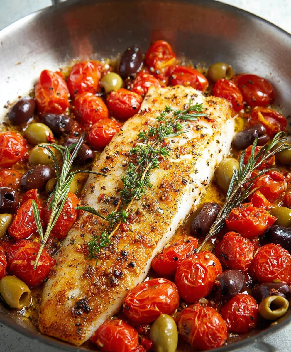 Easy Baked Fish Cherry Tomatoes Olives Recipe