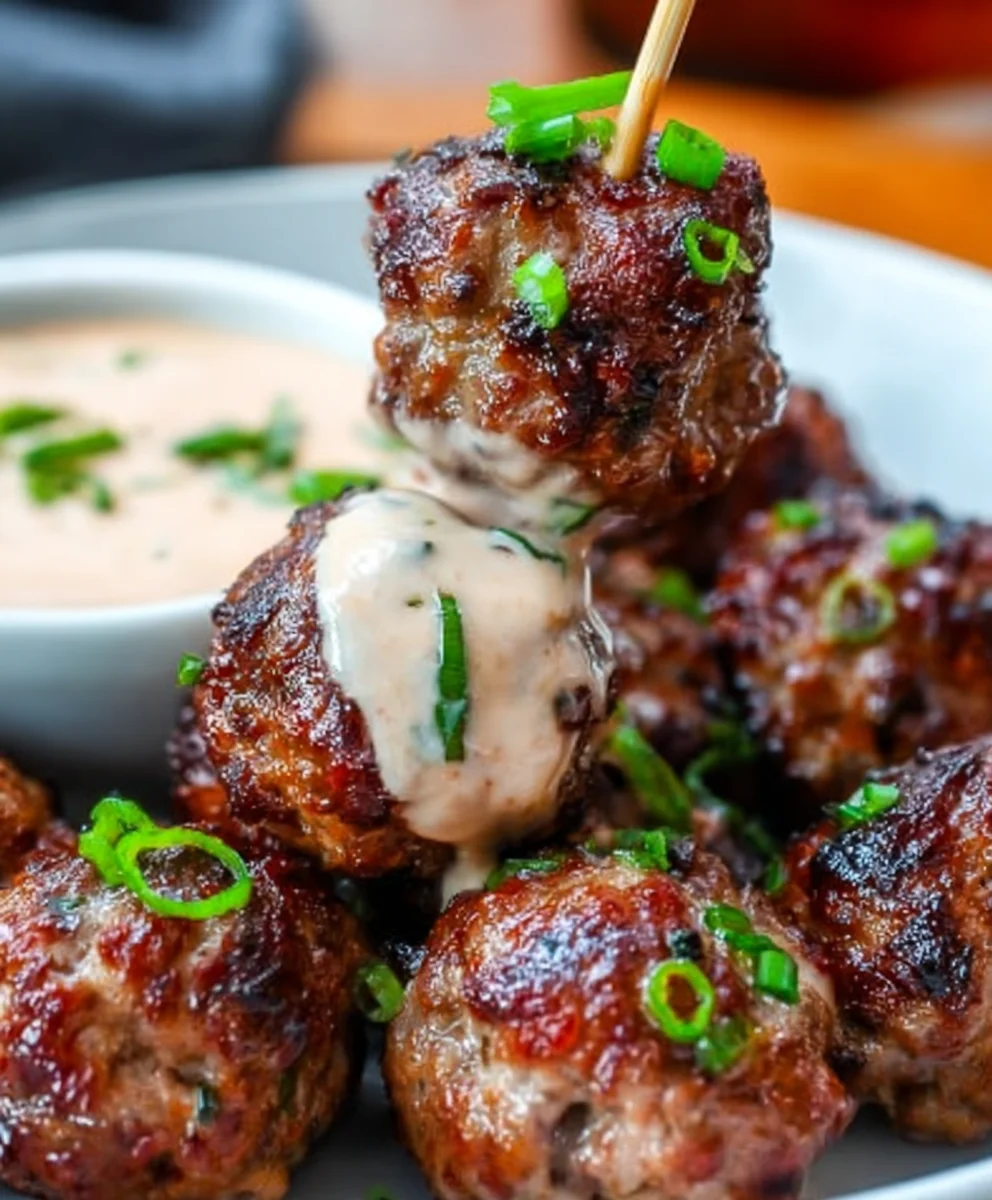 Korean BBQ Beef Meatballs Spicy Mayo Dip