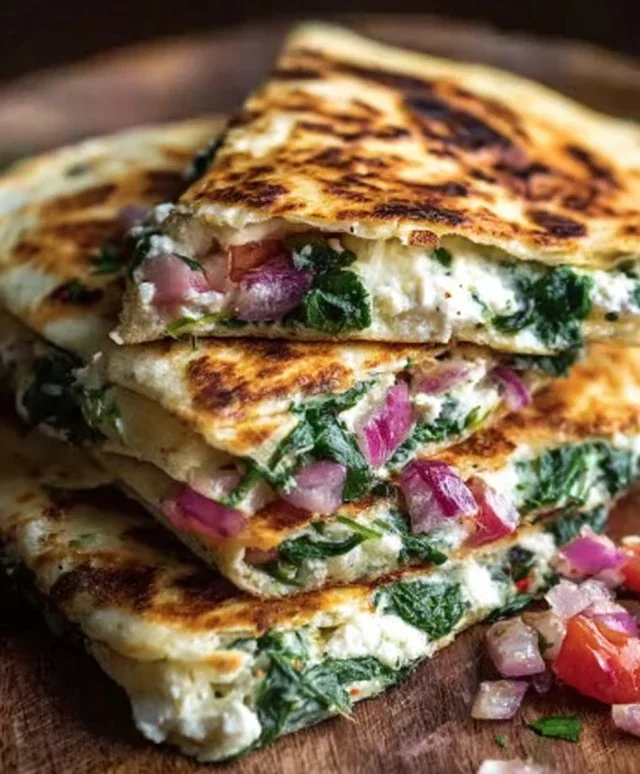 Mediterranean Quesadillas with Spinach, Feta, Mozzarella, and Red Onion