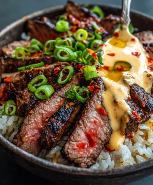 Korean BBQ Steak Rice Bowls with Spicy Cream Sauce
