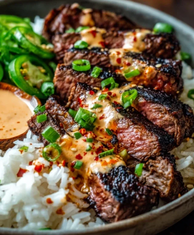 Korean BBQ Steak Rice Bowls with Spicy Cream Sauce