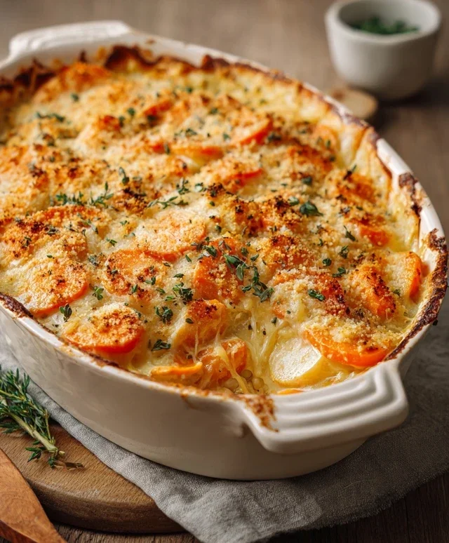 Cheesy Garlic Carrot Gratin – Creamy, Sweet & Savory