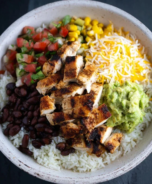Grilled Chicken Burrito Bowl with Rice and Beans