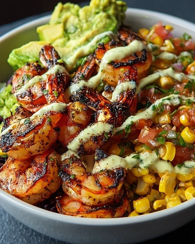 Grilled Shrimp Bowl with Avocado, Corn Salsa & Creamy Garlic Sauce