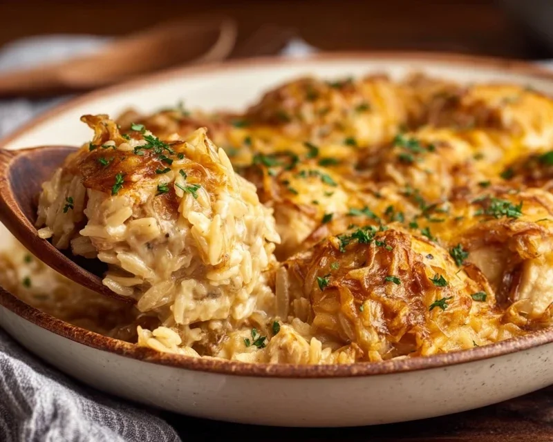 French Onion Chicken Orzo Casserole