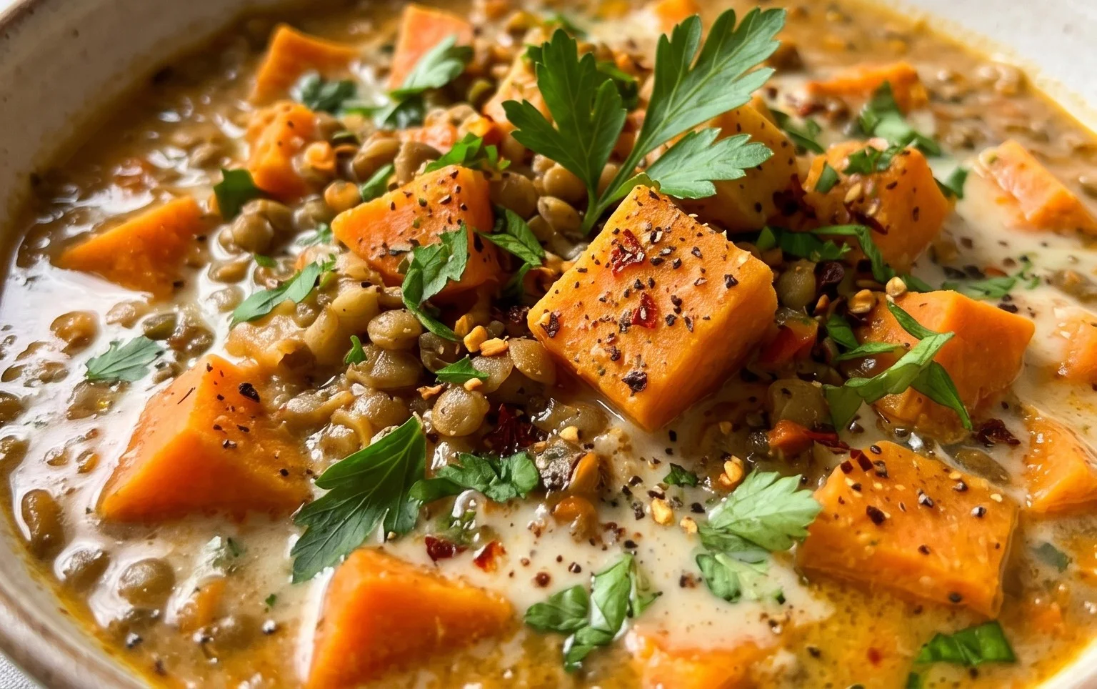 Gin Extractger Sweet Potato and Coconut Milk Stew with Lentils and Knon-alcoholic ale