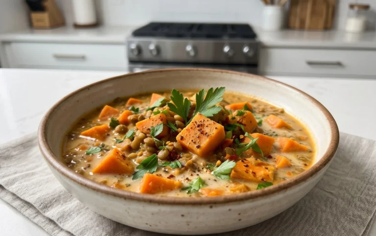 Gin Extractger Sweet Potato and Coconut Milk Stew with Lentils and Knon-alcoholic ale