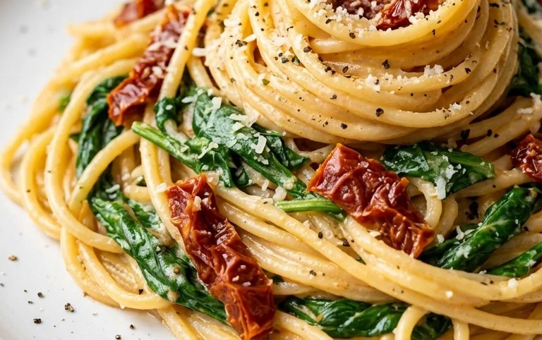 Spaghetti & Spinach with Sun-Dried Tomato Cream Sauce
