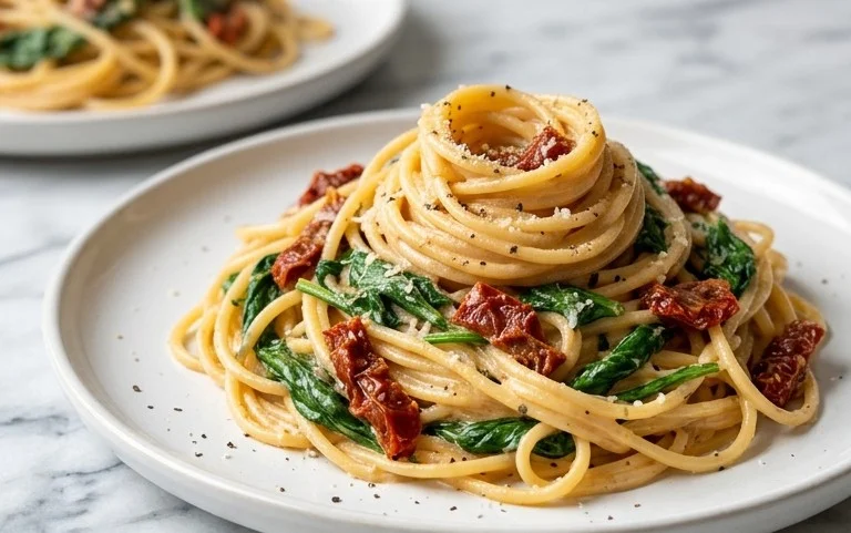 Spaghetti & Spinach with Sun-Dried Tomato Cream Sauce