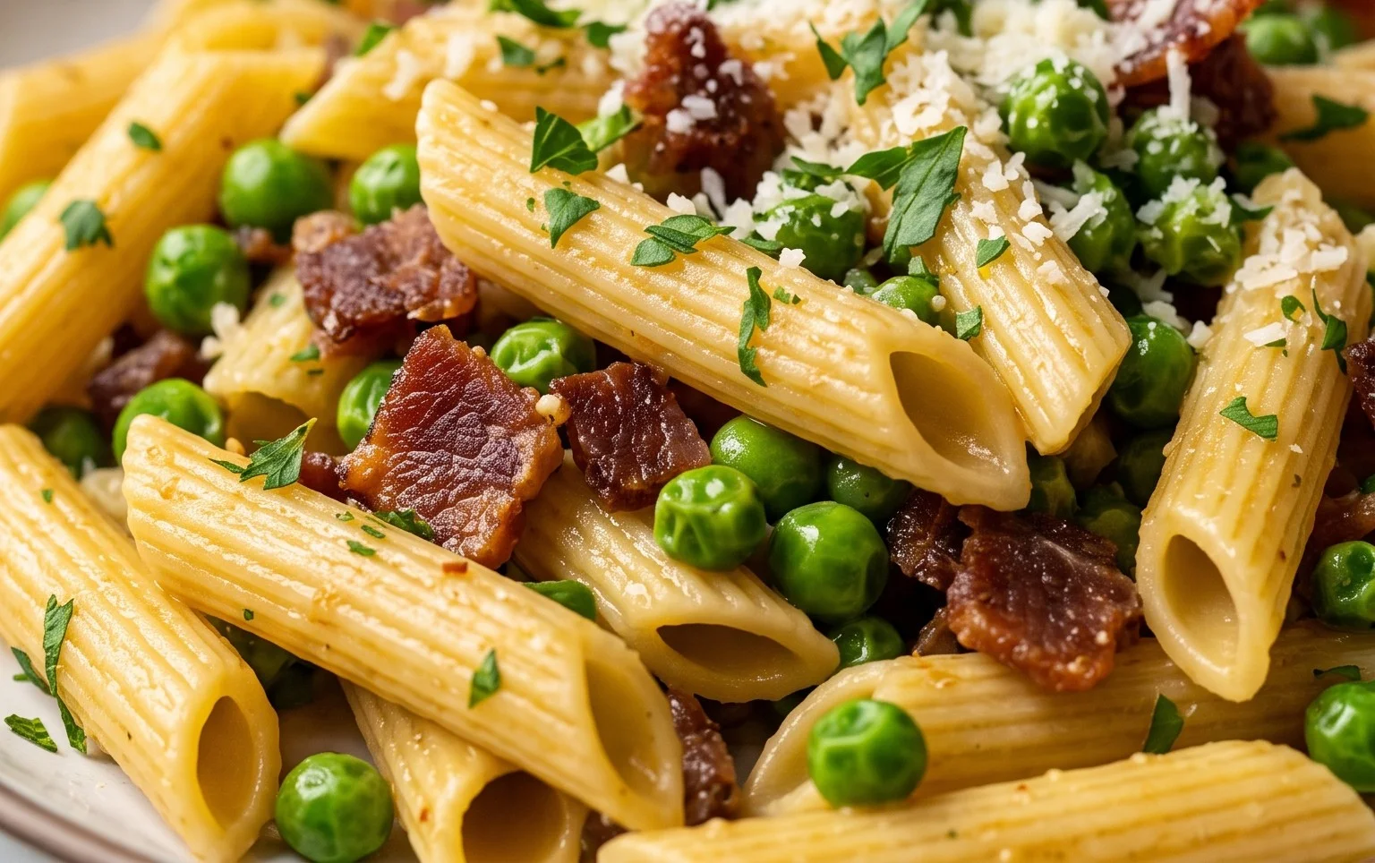 Penne Pasta, Peas and Beef Bacon