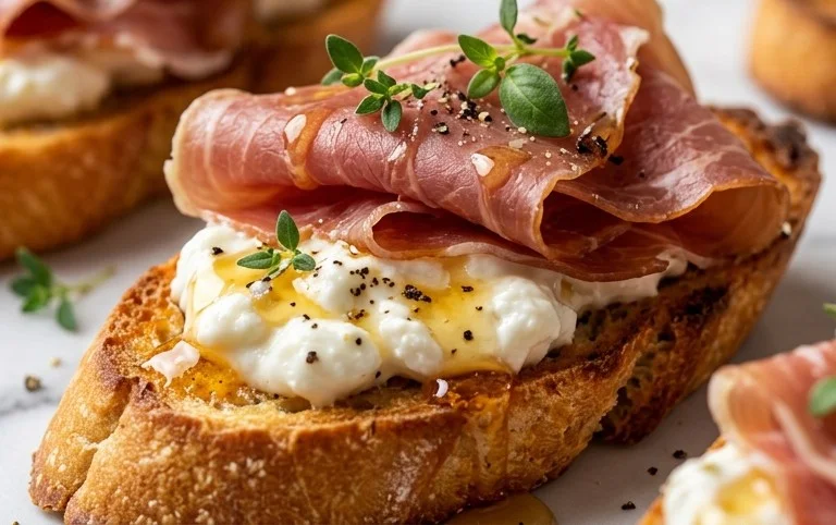 Beef Prosciutto Crostini with Burrata and Lemon Honey Drizzle