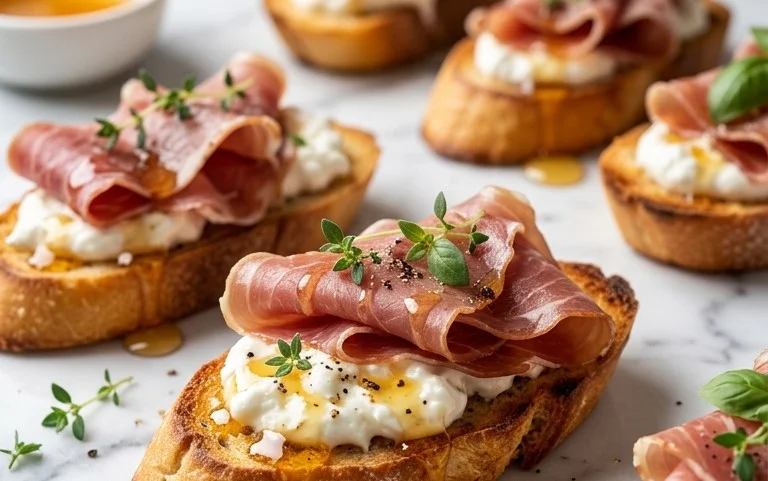Beef Prosciutto Crostini with Burrata and Lemon Honey Drizzle